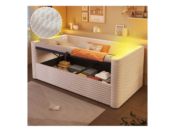 muvano Bett Tagesbett Schlafsofa 90x200 cm mit LED-Beleuchtung und Stauraum