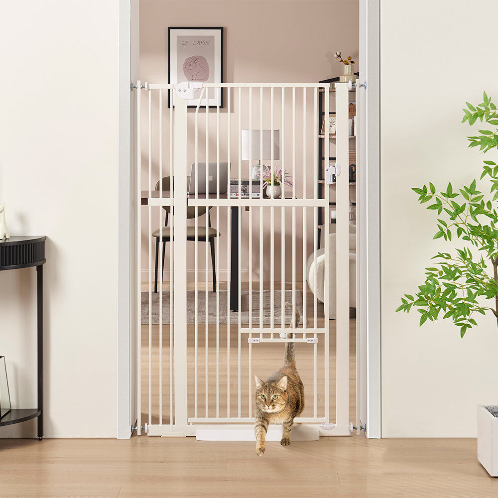 Blue Elephant 142cm Pressure-Fit Pet Gate with Cat Door, Fits 79-104cm Wide Openings White 79-95cm W