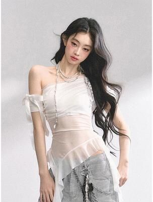 Daily Discovery Women's Mesh Crop Top Asymmetrical Off Shoulder Streetwear Tee white