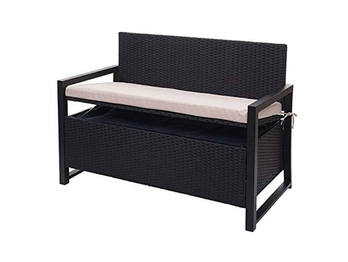 Mendler Poly-Rattan 2er Sitzbank HWC-F39 - anthrazit, Kissen beige Gartenbank, Truhenbank, Staufach, Aufbewahrung, Sitzkissen