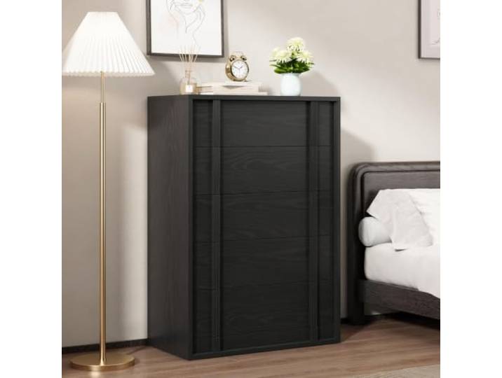 GarveeMore 5-Schubladen-Kommode für Schlafzimmer – Moderne Holzkommode mit vertikalem Griff in Schwarz Relief