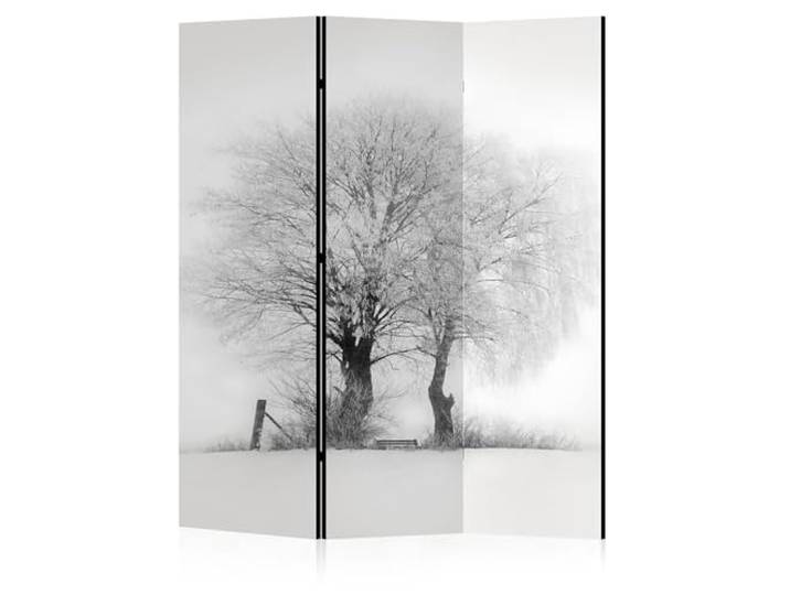 LUMASOUL Paravent Raumteiler Innen einseitig Bedruckt 135x172 cm Baum 3 teilig Dekorativ, Shoji-Stil, faltbar, freistehend als Sichtschutz für Wohnräume schwarz weiß Winter Nebel Landschaft Natur