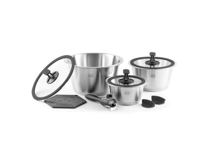 cookvision nesto stapelbares Topfset 10-tlg. Schwarz, 3 Edelstahltöpfe induktions-, backofen- und spülmaschinengeeignet, Set mit 3 Glasdeckeln, abnehmbarer Griff, für Paare, Camping, Reisen