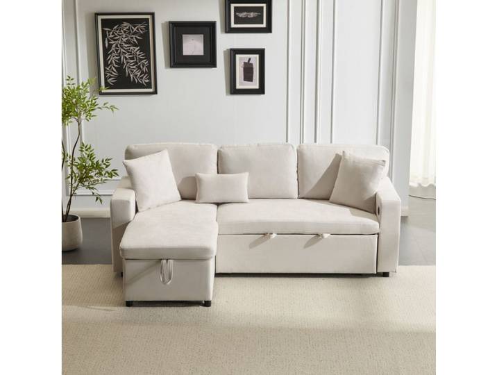 Canapé d'angle convertible beige en flanelle méridienne réversible rangement et USB