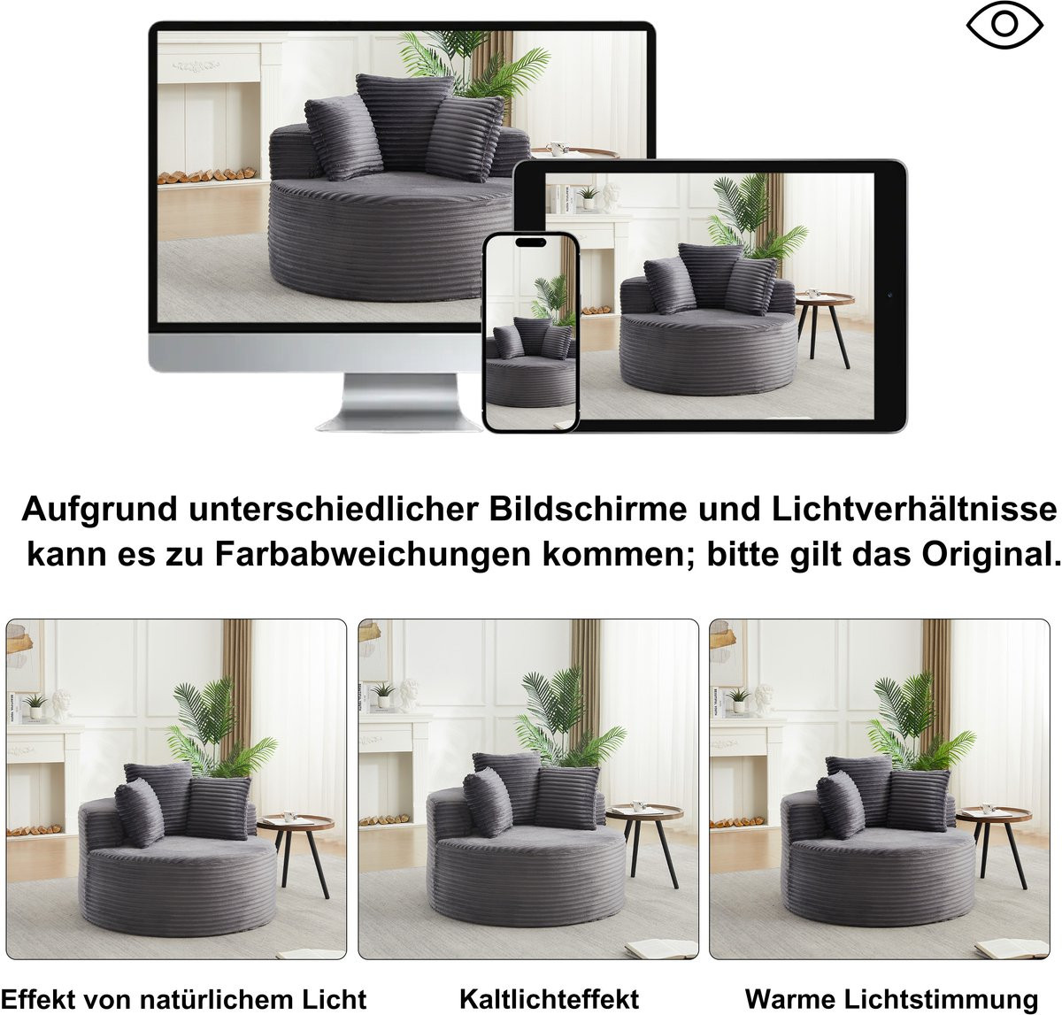 HAUSS SPOLE Ronde Loungefauteuil met 3 sierkussens en brede armleuningen - Cord Grijs