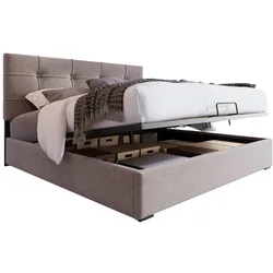 Polsterbett 140x200 höhenverstellbares Kopfteil Stauraum Lattenrost Samt Massivholz Metall modern ergonomisch komfortabel hellgrau