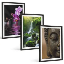 BILDER SET 3er Set - 40x60 cm Schwarzer Rahmen - Blumen, Wasserfall, Buddha-Felsen, Zen