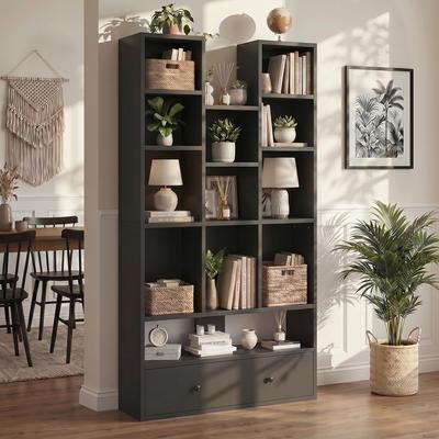 "BOSSIN Modern Bookcase with Drawers, 65"" Tall Bookshelf with 11 Cubes"