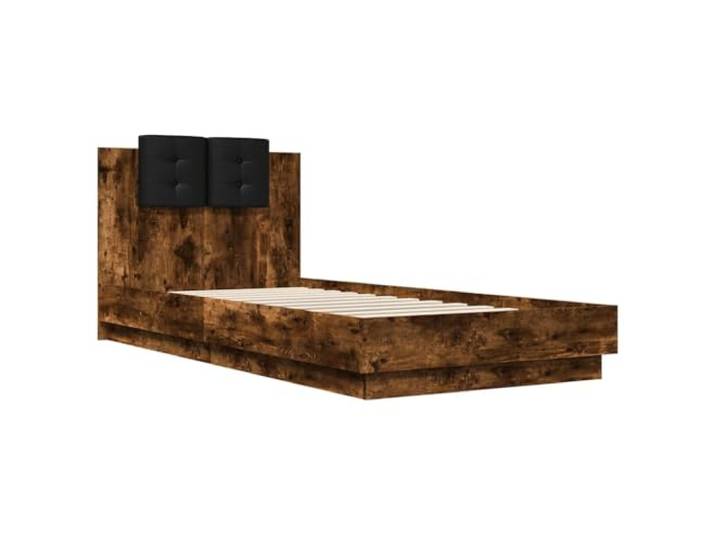 KTHLBRH Bettgestell mit Kopfteil Eiche Rauchgrau 90 x 200 cm Holz Lattenrost aus Sperrholz, gepolstertes Kopfteil aus schwarzem Kunstleder, Montage erforderlich