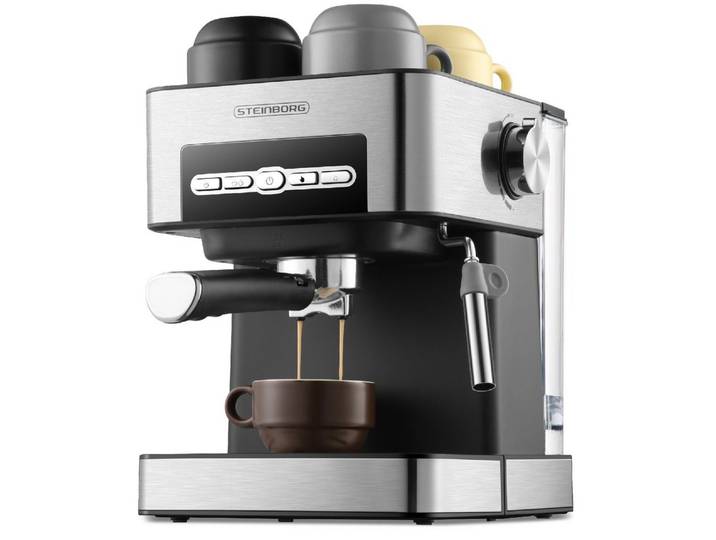 STEINBORG Espressomaschine, Edelstahlfilter, Edelstahl Design, 15 bar, Milchaufschäumer