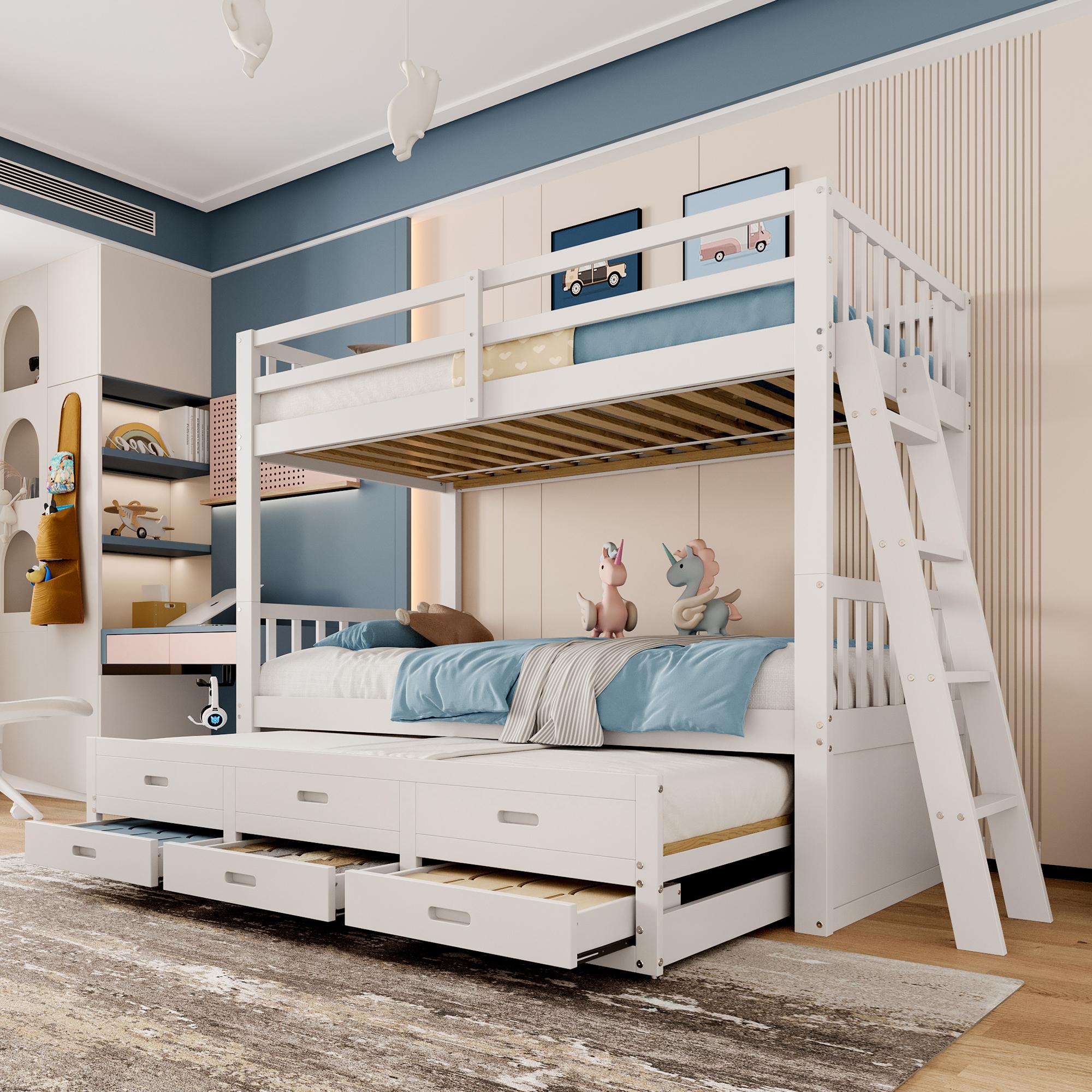Kinder-Etagenbett 90x200cm weiß (Kiefer + MDF): Kabinenbett (Mädchen/Jungen), Leiter + Ausziehbett + 3 Schubladen, Matratze nicht enthalten