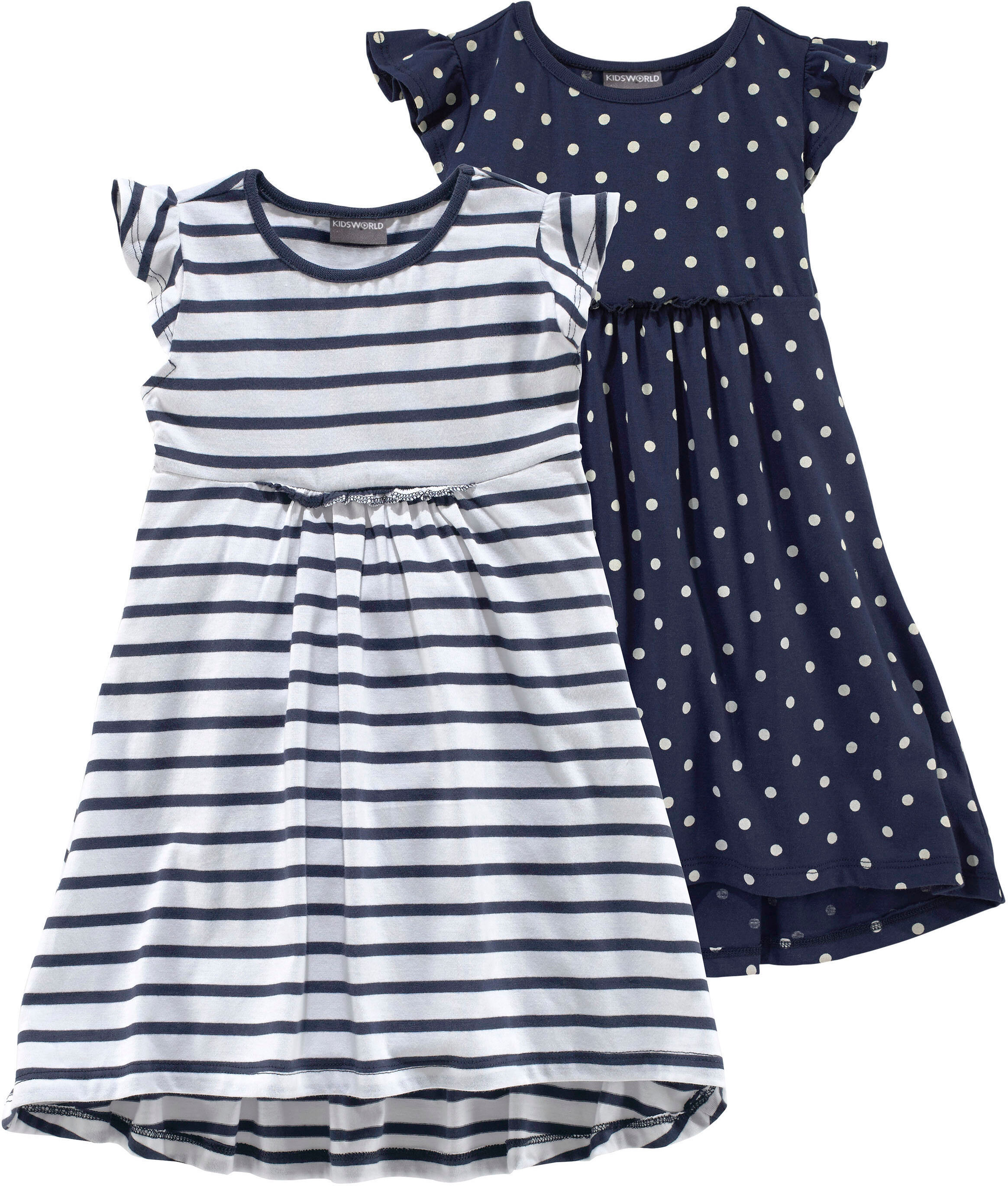 Jerseykleid KIDSWORLD "für kleine Mädchen", Mädchen, Gr. 116/122, N-Gr, blau (marine, weiß), Jersey, Obermaterial: 100% Baumwolle, gepunktet, gestreift, ausgestellt kniefrei, Rundhals, Kleider Jerseykleid, kniefrei, modischer Stil, aus reiner Baumwolle, b