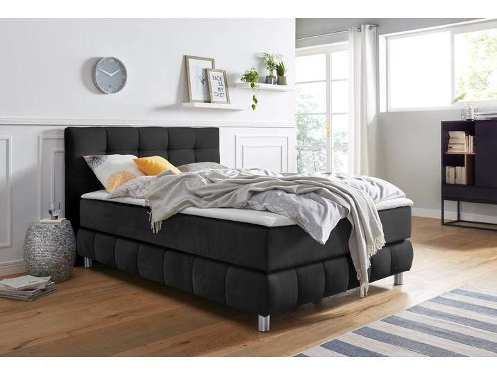 Boxspringbett, Grau, 154x231 cm, Samtoptik, 7-Zonen-Tonnentaschenfederkern, Skandinavisch, andas