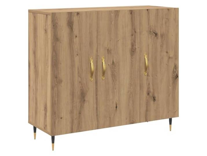 Sideboard Artisan-Eiche 90 x 34 x 80 cm Holzwerkstoff mit Türen Scharnier-Türen, goldene Bügelgriffe, schwarze Kegelfüße, Mid-Century-Stil, Montage erforderlich