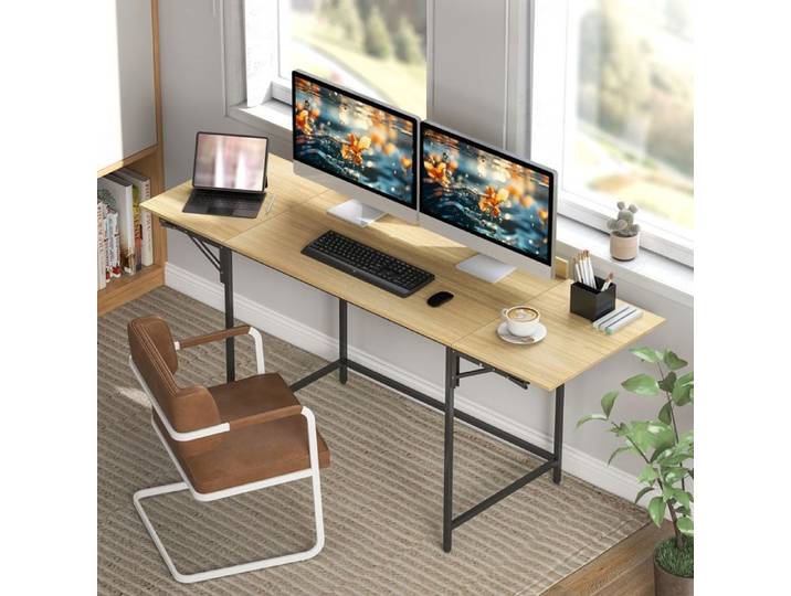 Bureau informatique pliable avec 2 plateaux extensibles pieds en métal structure robuste chêne et noir