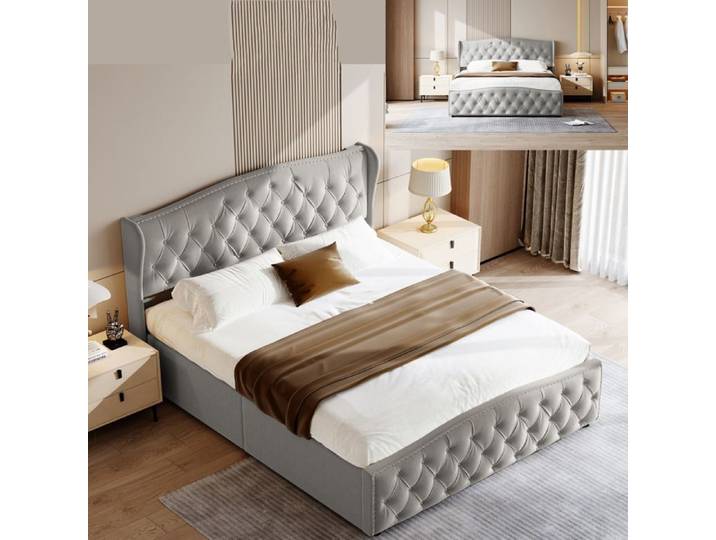 Lit 140x200 cm - tissu en Velours - lit double 140x200 cm - 140x200 cm - Gris