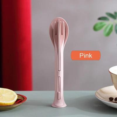 Uplift Essentials Wheat Straw Portable Tableware Set With Case Eco Friendly Travel Cutlery For Camping, Work, And School pink