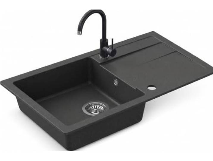 VBChome Granitspüle Schwarz 77x44 cm reversibel mit Armatur, Siphon