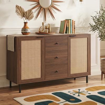 Lirago Sideboard Buffet Cabinet Rustic Farmhouse Coffee Bar Table with 2 Rattan Doors and 3 Drawers