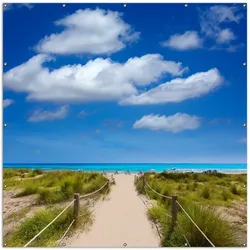 Wallario Gartenposter ca. 60 x 90 cm Sandweg zum blauen Meer mit blauem Himmel