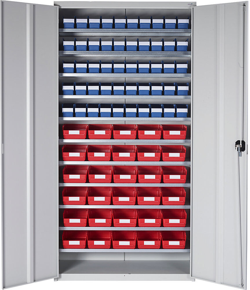 Magazinschrank, HxBxT 1970 x 1000 x 450 mm, mit Regalkästen, 50 Kästen blau, 30 Kästen rot STEMO
