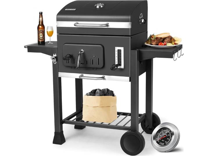 TLGREEN Holzkohlegrill XXL Grillwagen mit Deckel, Doppelflügel Kohlegrill mit Thermometer & 2 Rädern, 4 Lüftungsschlitzen Smoker BBQ Grill, für Garten Camping Terrasse