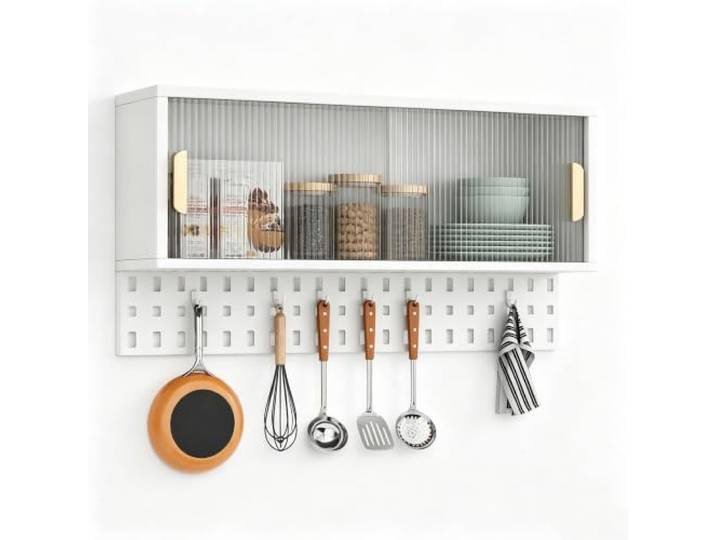 Gtzly Schmaler Küchen Vorratsschrank mit Lochwand, Wandmontierter Organizer Montage Ohne Bohren, Aluminium PET Oberfläche, Küche, Badezimmer, Waschküche, Wohnmobil(White,80*50cm/31*20in)