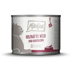 MJAMJAM Leckere Mahlzeit 200g Dose Katzennassfutter Sparpaket 12 x 200 Gramm herzhaftes Wild & Kaninchen an fruchtigen Heidelbeeren