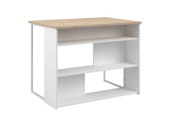 Ilot de cuisine avec rangement plateau aspect bois socle blanc et pieds métal - HUBERT