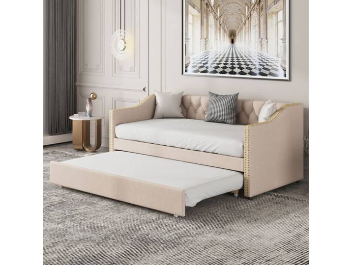 Lit gigogne 90x200 cm - LUMINARIX - Beige - Canapé-lit - Structure en bois massif - 2 places