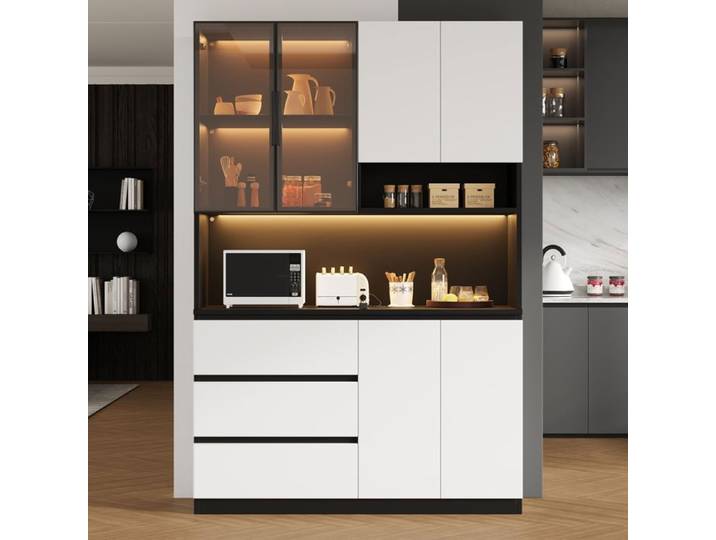 Buffet de cuisine LED 120.5x40x180 cm 3 tiroirs 6 portes et étagères rangement vaisselle micro-ondes cuisine haute noir