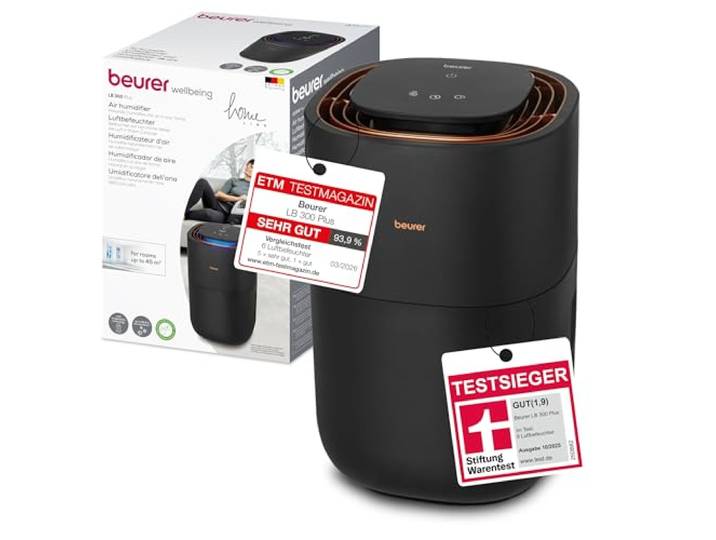 Beurer LB 300 Plus Luftbefeuchter, TESTSIEGER Stiftung Warentest, mit energieeffizienter Kaltverdunstungstechnologie, farbiger Luftfeuchtigkeitsindikator, Filtertrocknungsfunktion, Räume bis ca. 45m²