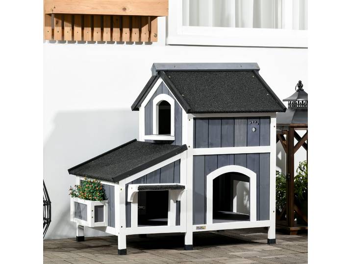 PawHut Maison Extérieure pour Chat avec Toit Résistant aux Intempéries et Jardinière, Enclos Abri Extérieur pour Chat avec Entrées Multiples, Meuble Moderne pour Chat, Cadeaux pour Chats, Gris