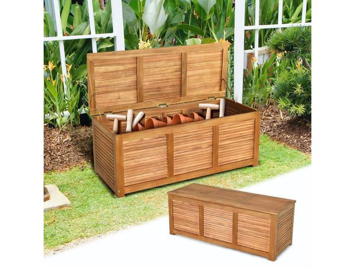GOPLUS Coffre de Jardin en Bois d'Acacia 120x45x45CM-Charge 150KG/179L-Tige de Gaz à Levage