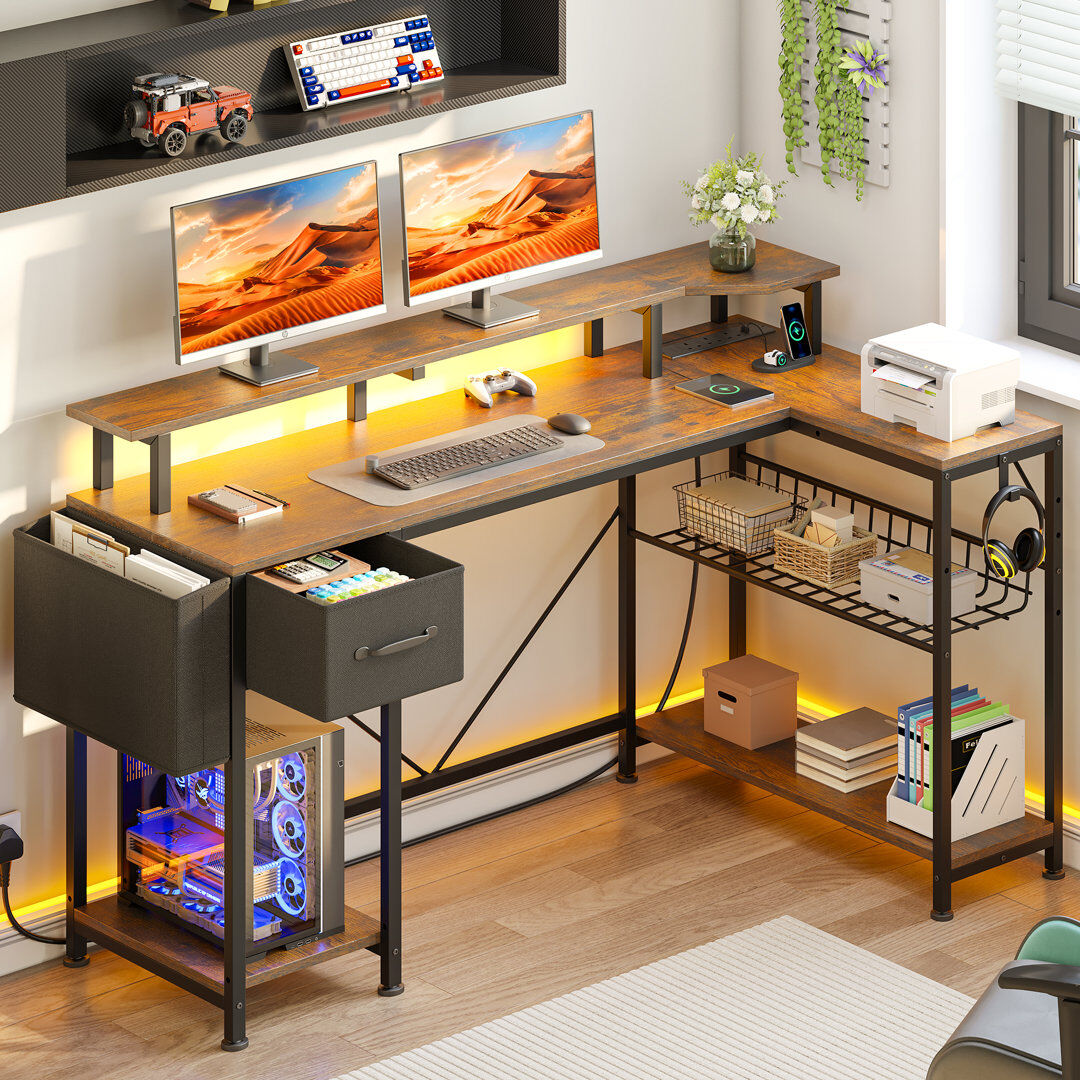 Inbox Zero L-Shaped MDF Iron Computer Desk with Built-In Electrical Outlet Brown/Black 92cm. H x 120cm. W x 50cm. D