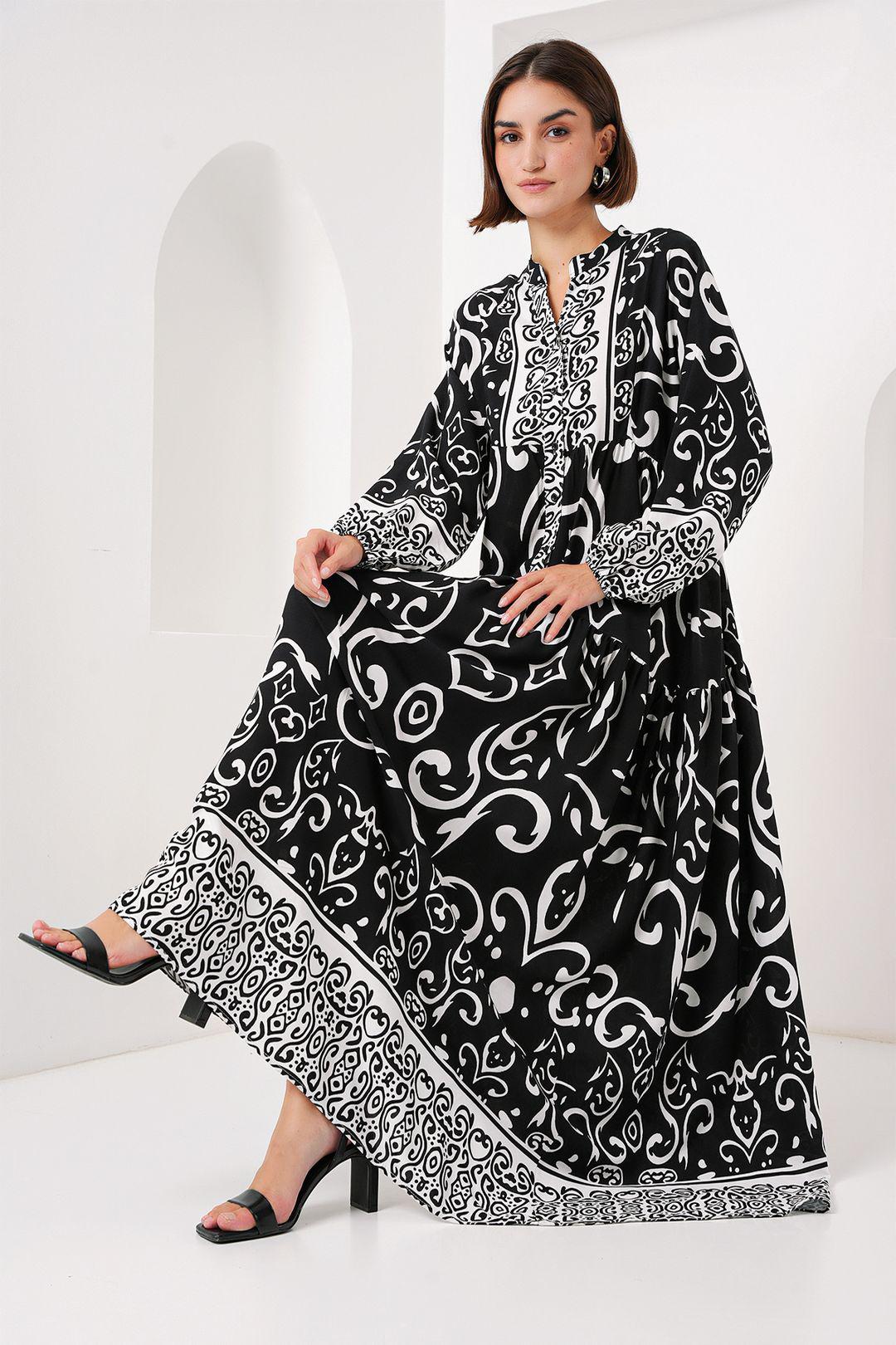 Gedrucktes V-Ausschnitt Maxikleid mit Knopfverschluss