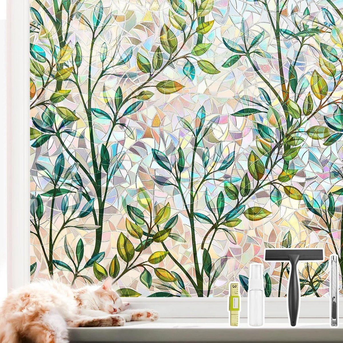 SnelShoppen 3D Raam Privacy Folie met Rainbow Leaf Patroon voor Zonnebescherming en Decoratie