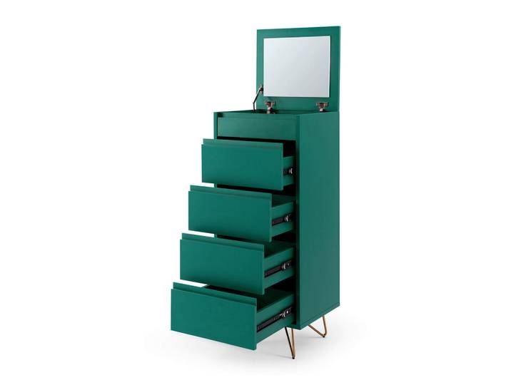 Kommode, Grün, 110x45x40 cm, Holzwerkstoff, 4 Schubladen & Aufklappbarer Spiegel, Garderobe