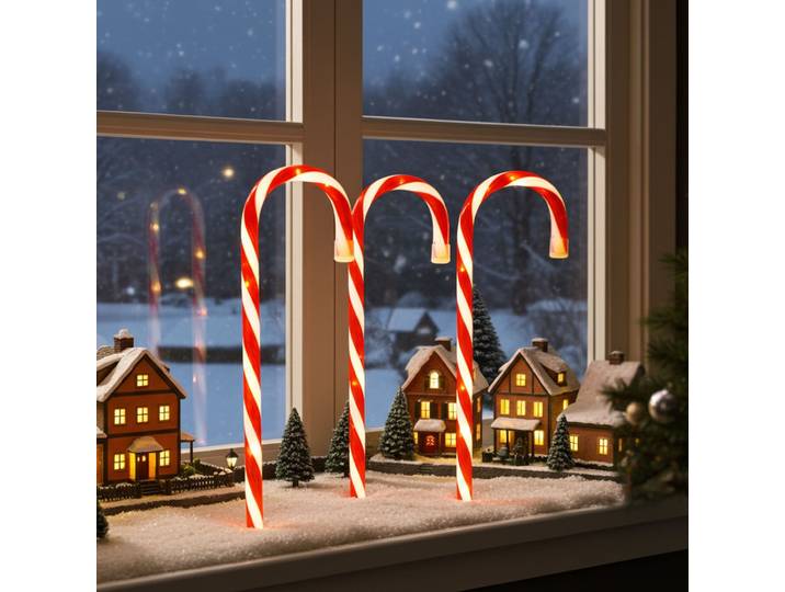 3er-Set LED-Zuckerstange, rot-weiss, 5 verschiedene Licht-Funktionen