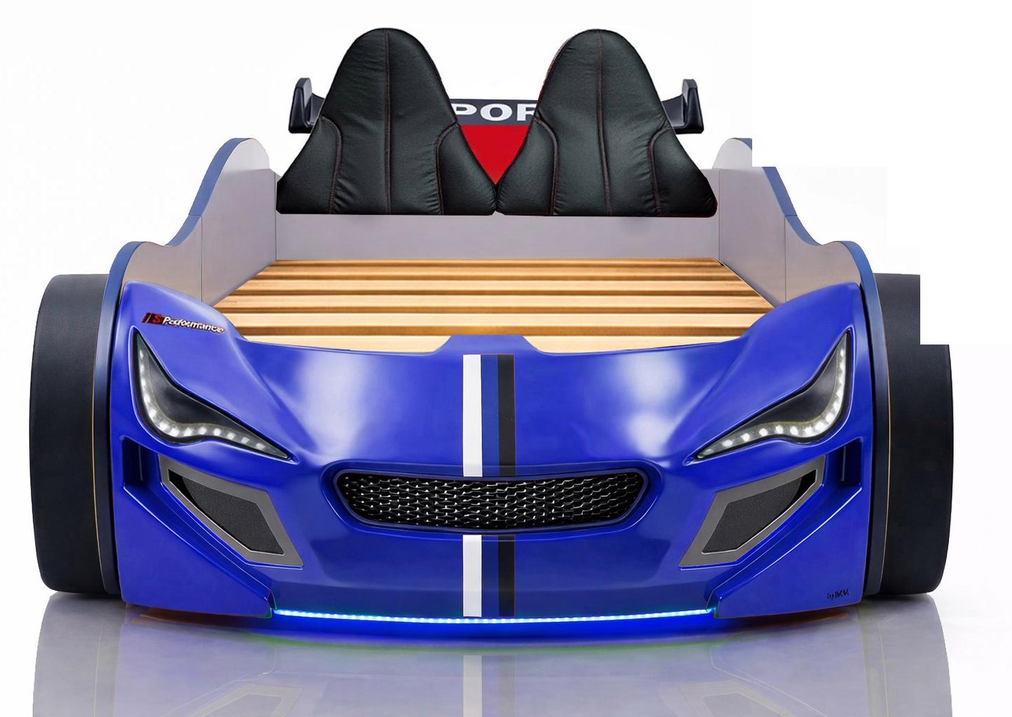 Autobett Kinder 90x200 Jungen LED Leuchte Unterbodenbeleuchtung Sound Fernbedienung, Farbe wählen:Weiß, Sportsitze:inkl. Sportsitze, Matratze:ohne Matratze, Bettwäsche:inkl. Bettwäsche