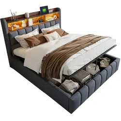 Polsterbett 180x200 cm mit hydraulischem Stauraum, LED-Farbwechsellicht und USB-Anschlüssen – modernes Leinen-Design Grau