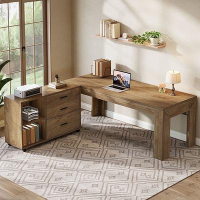 YUZHOU "63"" L Shaped Desk with File Cabinet, Executive Office Desk"