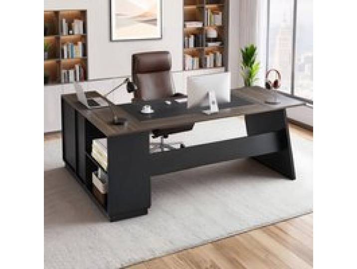 VEVOR L-förmiger Chefschreibtisch moderner Bürotisch mit Schubladen & Lagerschrank, robuster Schreibtisch aus Holz, 158,7 kg Tragkraft, Computertisch für Arbeit Studium Schreiben, Braun+Schwarz