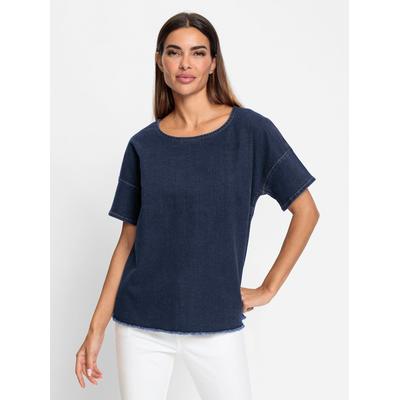 Jeansbluse HEINE, Damen, Gr. 38, blau (dunkelblau), 72% Baumwolle, 27% Polyester, 1% Elasthan, unifarben, Rundhals, Blusen Jeansbluse