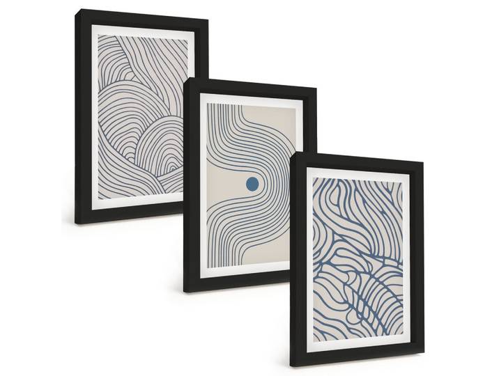 BILDER SET 3er Set - 20x30 cm Schwarzer Rahmen - Abstrakte Linien, Wellenformen