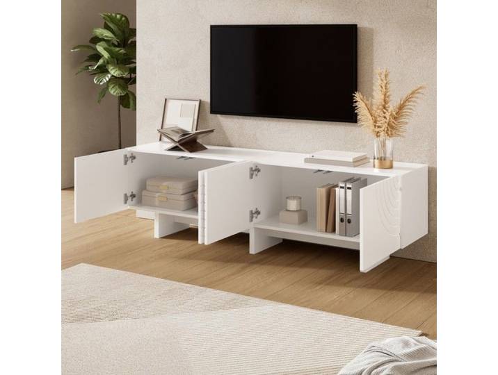 Meuble TV Bas Blanc 170x35x50cm MDF 4 Portes Relief Arc Séparateur Central Grand Rangement Salon Moderne