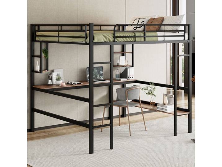 Lit mezzanine - SOGEU - 140x200 - Bureau intégré - Étagères & bibliothèque - Métal noir