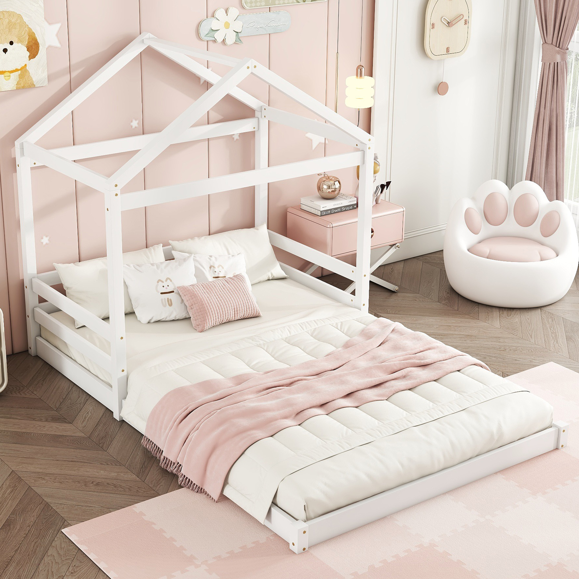 STILVORA Kinderbett 140×200 mit Matratze Hausbett Bodenbett in Hausform Jugendbett aus Massivholz mit Lattenrost,weiß
