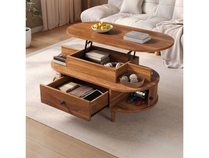 Table basse - ZEVKOR - Table Basse Ovale Relevable - Plateau relevable hydraulique - Rangement caché - MDF noyer