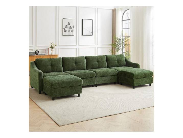 LuxusKollektion Ecksofa Ecksofa Schlaffunktion Kordsofa L Form Dunkelgrün 4 Sitze +2 Hocker